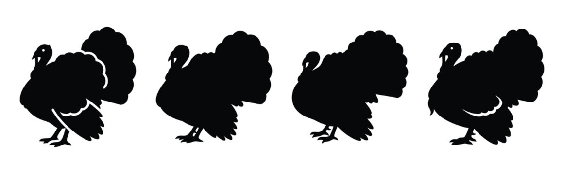 turkey silhouette simple icon set, black color and white background