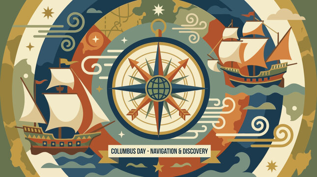 Columbus Day Navigation and Discovery Illustration with Sailing Ships