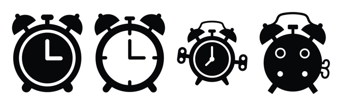 alarm clock silhouette icon set, black color and white background