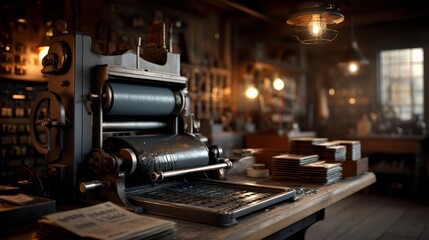 Fototapeta premium Vintage Printing Press in a Historical Workshop with Newspapers and Tools