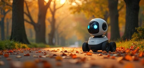 Naklejka premium Small white robot with blue eyes rolls on path covered with autumn leaves. Park trees with golden foliage form a soft background. Robot looks forward with its glowing blue optical sensors.