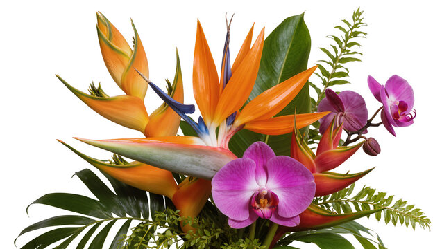 Isolated vibrant tropical flower arrangement with Bird of Paradise and purple orchids