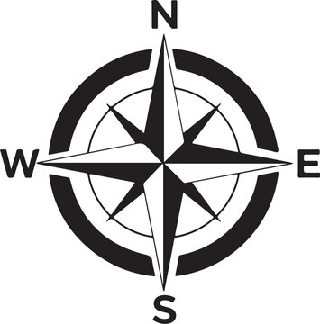 Compass rose, navigation symbol, directional icon, black vector graphic