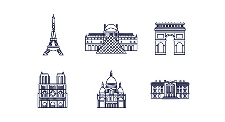 Paris Landmark Icons Line Art Vector Set