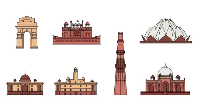 Famous Indian Monuments Flat Vector Illustration Set