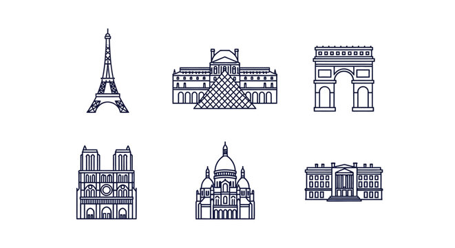 Paris Landmark Icons Line Art Vector Set