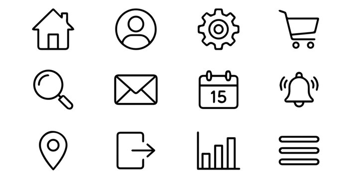 Collection of user interface icons representing common web and app functionalities like home, profile, settings, cart, search, mail, calendar, notification, location, login, and menu