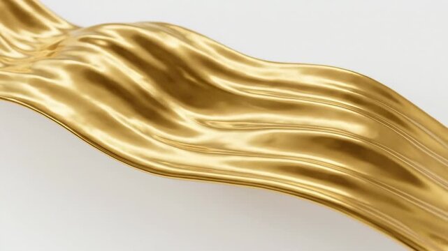Waves of glossy gold flow across a clean white background in a luxurious abstract composition, smooth metallic reflections and warm highlights creating depth and richness, soft studio lighting