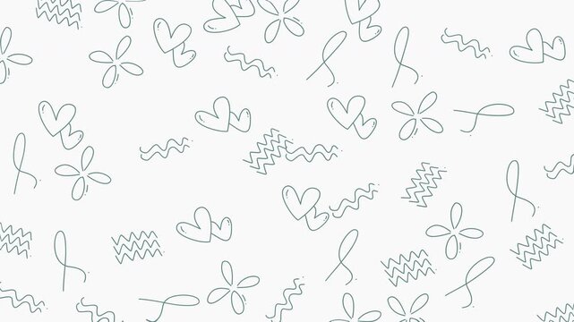 Pattern of hearts, flowers, lines, and zigzags on white, perfect for valentines day cards, gift wraps, fabric designs, and wallpapers.