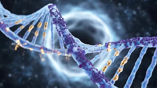 Abstract Blue DNA Double Helix Model Rotating With Glowing Particles and Light Swirl Background