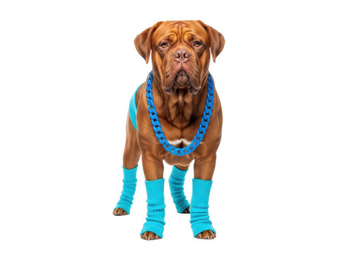 A majestic dogue de bordeaux, dressed in humorous neon blue 80s leg warmers and a plastic beaded necklace, standing stoically in a white studio, comedic absurdity concept