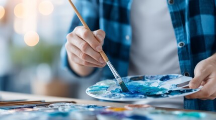 Fototapeta premium Person Mixing Different Paint Colors on a Palette for a DIY Art Project