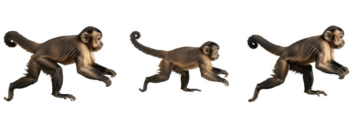 Fototapeta premium Small Capuchin Monkey Set Isolated On White Background Walking Running PNG Transparent Digital Assets Collection