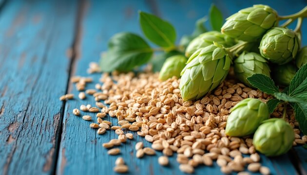 Fresh hop cones and malted barley grains spread on rustic blue wood surface. Ingredients for brewing beer. Natural look for craft beverage production.