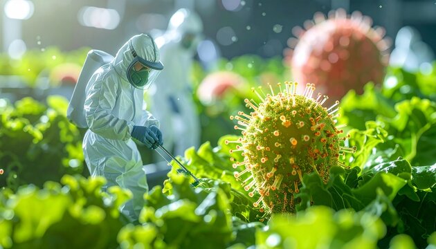 Escherichia coli Microbiology in Action - Scientists in Protective Gear Inspecting Crops, highlighting potential contamination and safety measures
