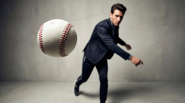 Close up of flying baseball thrown by blurred man in suit in grey studio