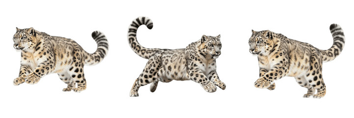 Majestic Snow Leopard Wild Cat Set Isolated On White Background Running Galloping PNG Digital Asset Collection © Julian