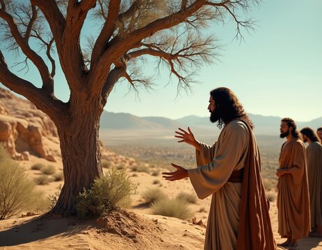 Jesus teaches his followers by a barren tree in the desert landscape. His disciples listen attentively to his words in a remote biblical setting under a clear sky.