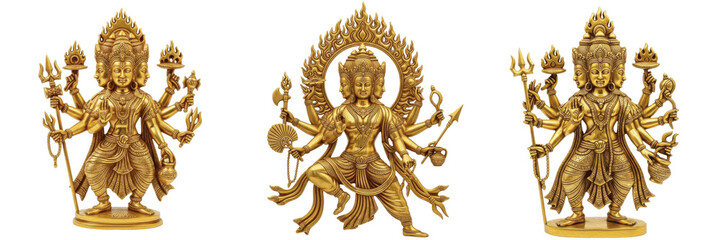 Fototapeta premium Set of Golden Brass Hindu Deity Statues Featuring Multi Armed Lord Shiva and Brahma Divine Figures