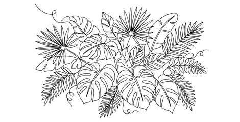 Minimalist tropical foliage line art illustration of exotic plants and leaves in a vibrant jungle-inspired composition © Siti
