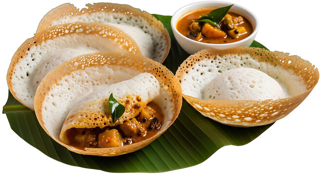 Traditional Kerala style Appam rice pancakes served with a spicy vegetable stew on a banana leaf, isolated on white background.
