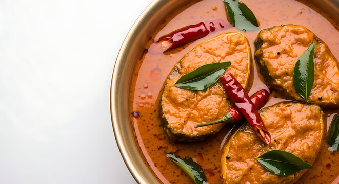 Authentic Indian Fish Curry with tender fish pieces in a spicy red gravy, garnished with curry leaves and red chilies in a metallic bowl.