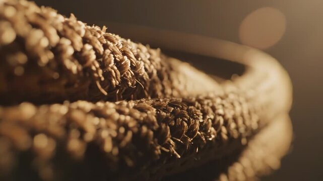Rope Macro Texture Showing Twisted Natural Fiber Strands in Golden Light