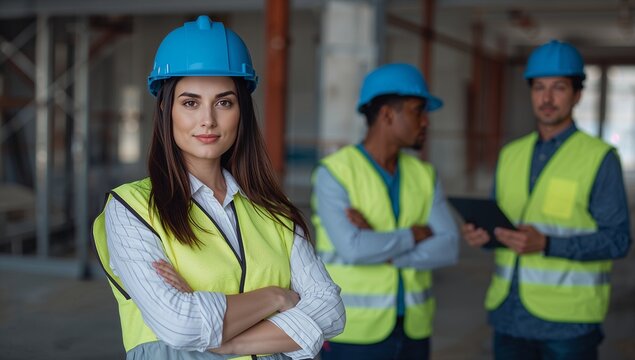 Confident female construction manager with arms crossed, leading a team of male workers on a modern building site, symbolizing progress and professional collaboration in engineering