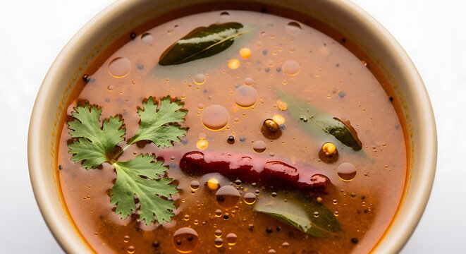 Aromatic South Indian Rasam soup served in a bowl with fresh cilantro and whole dried red chilies