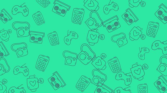 Seamless Pattern of Hand-Drawn Gadgets on Teal Background