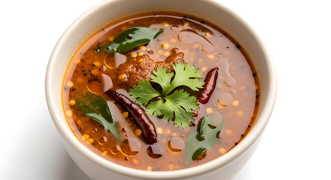 Spicy South Indian Rasam soup in a white bowl garnished with curry leaves and dried red chilies