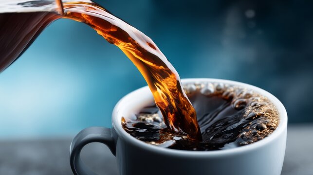 Captivating Moment of Rich Coffee Being Poured into a White Ceramic Cup