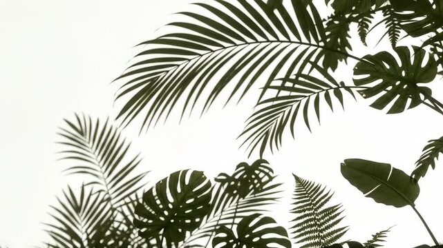 Diverse tropical plant leaves casting shadows on a bright white background