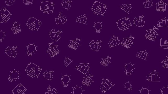 Seamless Pattern of Financial and Business Icons on Purple Background