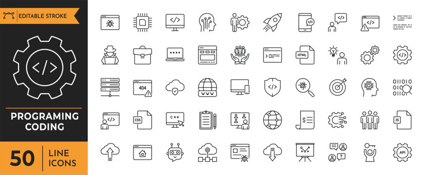 Programing Coding Outline icon set. Containing Code, api, programmer, developer, information technology, coder and more.