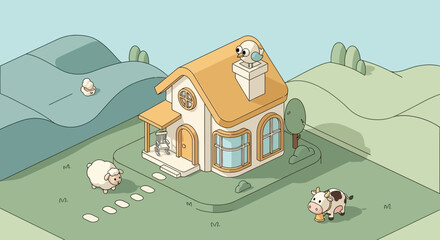 Fototapeta premium Cartoon scene with a house animals and landscape in a vibrant illustration