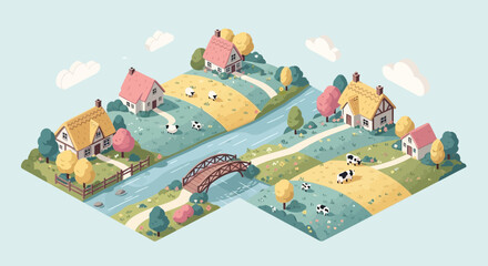 Naklejka premium Cartoon village scene with houses fields river trees and animals