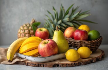 Obraz premium Assorted ripe fruits arranged artfully. Bananas, mango slices, apples, pears, lemons, pineapple, and limes fill serving dishes. Healthy and vibrant assortment for nutrition and wellness themes.