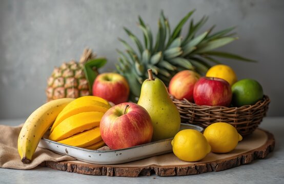 Assorted ripe fruits arranged artfully. Bananas, mango slices, apples, pears, lemons, pineapple, and limes fill serving dishes. Healthy and vibrant assortment for nutrition and wellness themes.