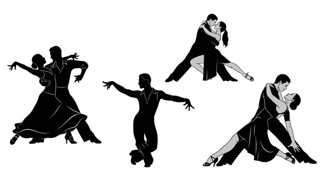 Collection of Dynamic Silhouettes of Ballroom and Latin Dancers in Various Poses, Elegant Performance in Bright Studio