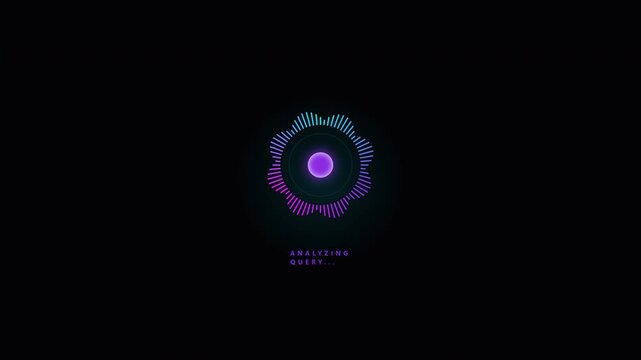 Futuristic voice assistant interface animation showing listening and generating response states