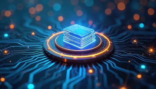 Abstract digital data stack on glowing circuit board. Technology network and information processing concept. Futuristic blue and orange light.