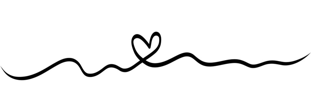 Continuous squiggle line clear heart silhouette in the center. Black freehand cable style stroke works as romantic divider for love quotes, wedding cards and Valentine layouts on white background.