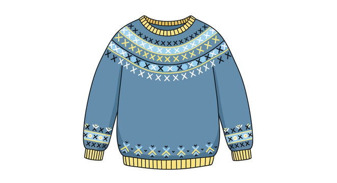 A blue knitted sweater with a Nordic pattern is displayed on a white background.