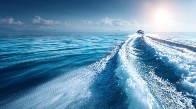 Motorboat Racing Across the Ocean Leaving Water Trails and Waves Behind