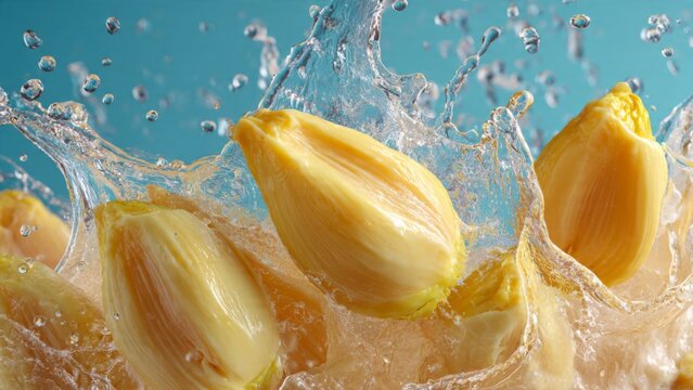 Fresh Jackfruit Bulbs Splashing in Water on Blue Background
