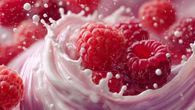 Fresh Raspberries Splashing in Creamy Milk Swirl