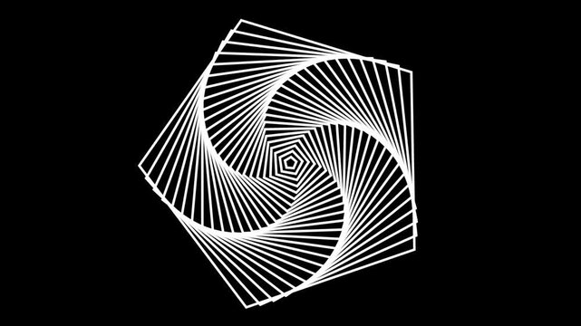 Minimalist white pentagon spiral tunnel rotating on black background. Geometric perspective animation.