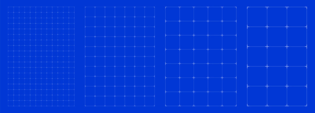 Blueprint grid set Line Cross matrix geometry, four scale variations. Wide medium dense micro spacing comparison, engineering layouts dashboards notebook pages interface planning systems graphics. 