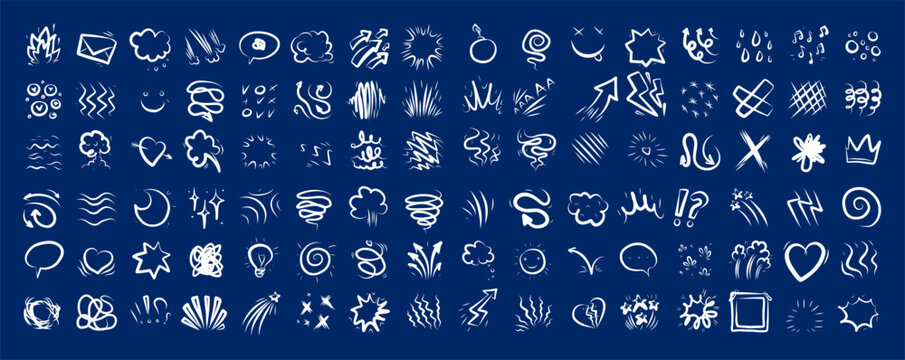 Line cartoon comic expression icons in blue background. Doodle movement marks, bubbles, boom and spark shapes, arrows, hearts, sweat drops and shock bursts. Vector crayon style set anime emotion